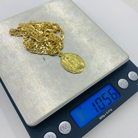 14K Yellow Gold F Virgen de Guadalupe Neckalace Charm 24" for Mens Mariner Chain - Picture 5 of 5